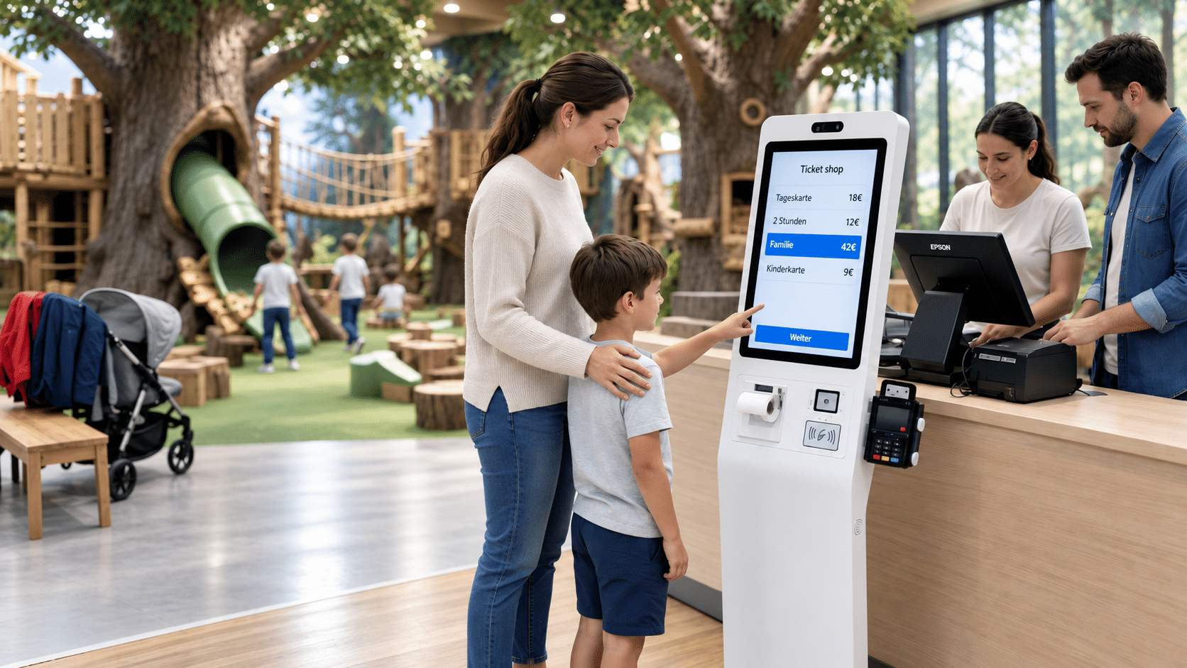 Familie kauft Tickets am Self-Service-Kiosk